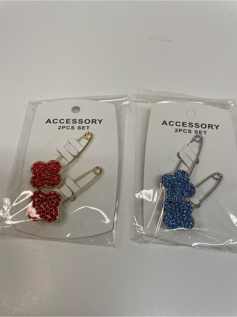 Red & Blue Sparkling Clover Brooch Pins - 2pc Sets